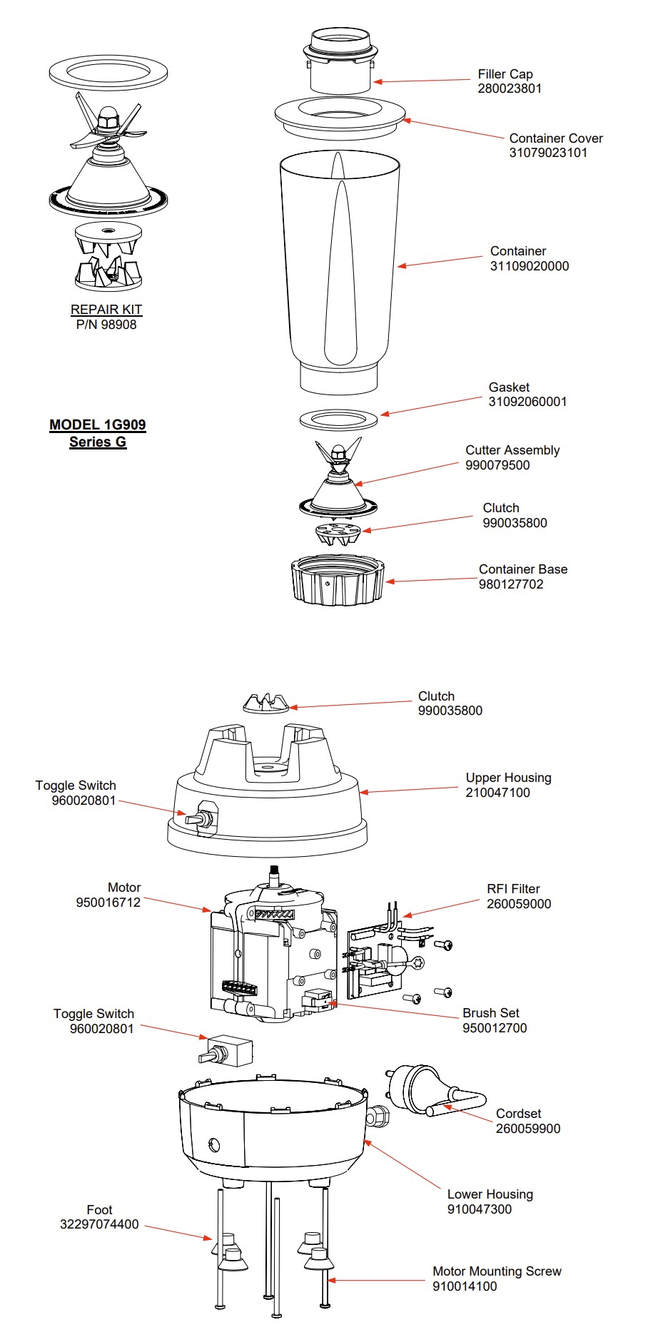 Diagram Diagram and Parts List for 1G909-G  Hamilton Beach Blender
